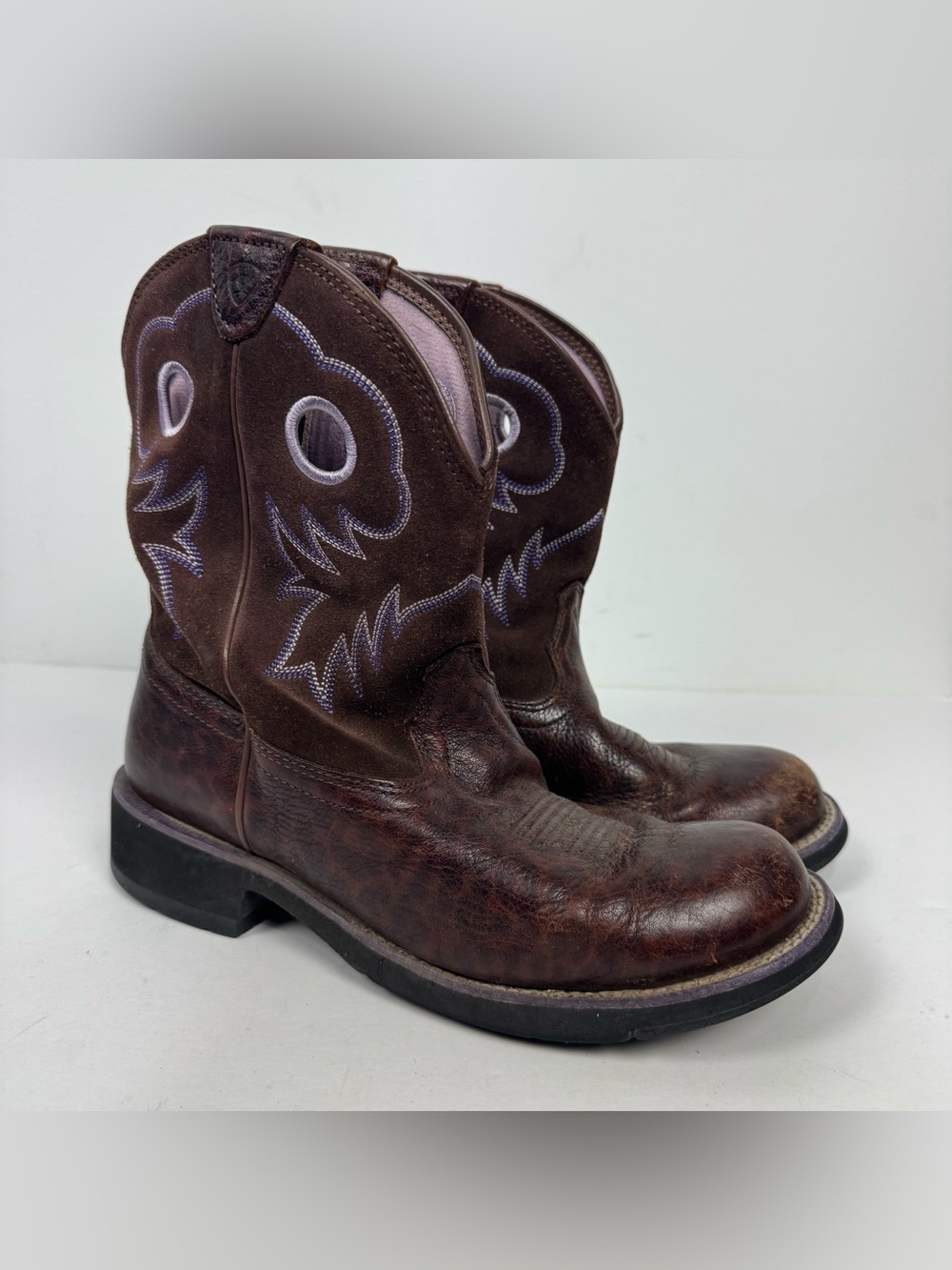 Ariat Brown Leather Western Heeled Boots with Purple Stitching